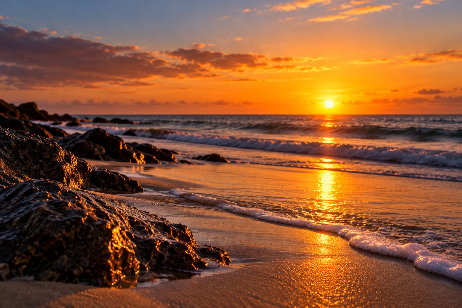 Atardecer dorado en la playa con rocas y olas